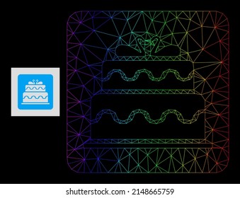 Spectrum gradient net marriage cake icon. Geometric frame flat net is based on marriage cake icon, generated with polygonal mesh net, with rainbow gradient.