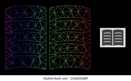 Spectrum gradient net open book icon. Geometric frame 2D net based on open book icon, generated from triangle mesh net, with spectral gradient.
