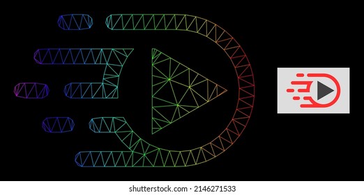 Spectrum gradient net play function icon. Geometric frame 2D net is based on play function icon, generated with polygonal mesh net, with rainbow gradient.