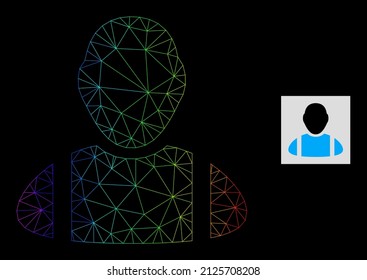 Spectrum gradient net worker icon. Geometric carcass flat net based on worker icon, generated with triangular mesh carcass, with spectral gradient.