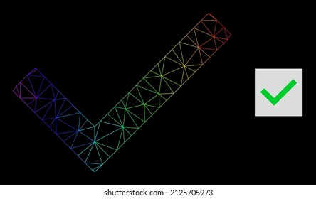 Spectrum gradient net yes tick icon. Geometric carcass 2D net based on yes tick icon, generated with triangle mesh framework, with rainbow gradient.