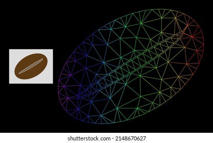 Spectrum gradient network coffee bean icon. Geometric frame 2D net based on coffee bean icon, generated with polygonal mesh framework, with spectrum gradient.