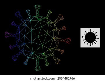 Spectrum-Farbverlauf-Netzwerk Covid-19-Virus-Symbol. Das Netz der geometrischen Schlachtkörper 2D basiert auf dem Covid-19-Virus-Symbol, das mit polygonalen Maschen-Schlachtkörpern mit Gefälle erzeugt wird.