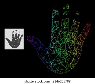 Spectrum gradient network destructed hand icon. Geometric frame 2D network based on destructed hand icon, generated with polygonal mesh network, with spectrum gradient.