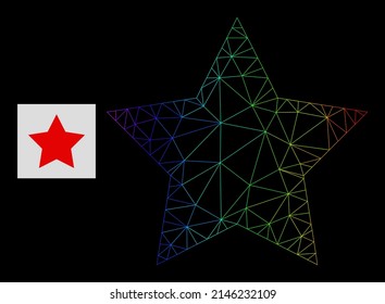 Spectrum gradient network red star icon. Geometric frame 2D net based on red star icon, generated from triangular mesh net, with spectrum gradient.