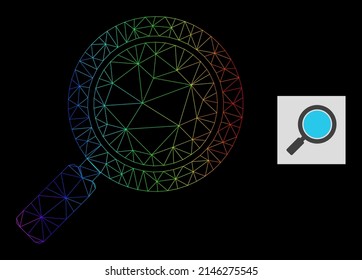 Spectrum gradient network search loupe icon. Geometric frame flat network based on search loupe icon, generated with triangular mesh net, with rainbow gradient.