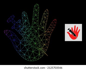 Spectrum gradient network vaccine stop hand icon. Geometric carcass 2D network is based on vaccine stop hand icon, generated with triangular mesh network, with spectral gradient.