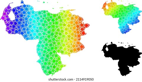 Mapa del collage de estrellas del gradiente del espectro de Venezuela. Mapa vibrante vectorial de Venezuela con gradientes de espectro. El mapa mosaico del collage venezolano está hecho de elementos estelares de color al azar.