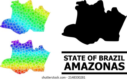 Spectrum gradient star collage map of Amazonas State. Vector colored map of Amazonas State with spectrum gradients. Mosaic map of Amazonas State collage is made with chaotic color star items.