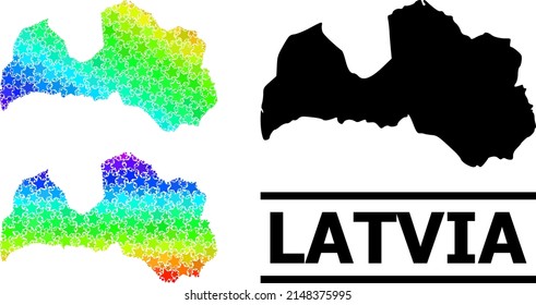 Spectrum gradient star collage map of Latvia. Vector colorful map of Latvia with spectrum gradients. Mosaic map of Latvia collage is composed with randomized color star elements.