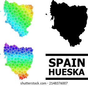Spectrum gradient star collage map of Hueska Province. Vector vibrant map of Hueska Province with rainbow gradients. Mosaic map of Hueska Province collage is designed with chaotic colored star parts.