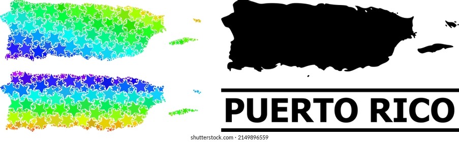 Spectrum gradient star collage map of Puerto Rico. Vector vibrant map of Puerto Rico with spectrum gradients. Mosaic map of Puerto Rico collage is designed with random color star elements.