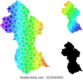 Spectrum gradient star mosaic map of Guyana. Vector vibrant map of Guyana with spectrum gradients. Mosaic map of Guyana collage is organized of randomized color star elements.