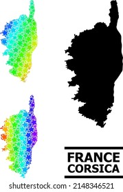 Spectrum gradient star mosaic map of Corsica. Vector colorful map of Corsica with spectrum gradients. Mosaic map of Corsica collage is composed from chaotic colorful star elements.