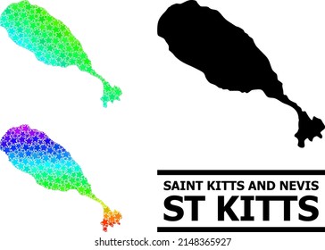 Spectrum gradient star mosaic map of St Kitts Island. Vector colored map of St Kitts Island with spectral gradients. Mosaic map of St Kitts Island collage is formed of random colored star parts.
