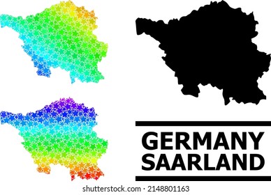Spectrum gradient star mosaic map of Saarland State. Vector colorful map of Saarland State with spectrum gradients. Mosaic map of Saarland State collage is created with chaotic colorful star elements.