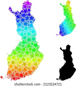 Mapa del collage con estrellas de gradiente de espectro de Finlandia. Mapa de Finlandia de color vectorial con gradientes de espectro. El mapa mosaico del collage finlandés se organiza con estrellas de colores dispersos.