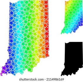 Spectrum gradient starred mosaic map of Indiana State. Vector colored map of Indiana State with spectrum gradients. Mosaic map of Indiana State collage is organized from random colored star parts.