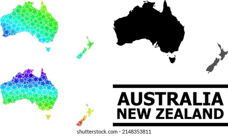 Spectrum gradient starred mosaic map of Australia and New Zealand. Vector colorful map of Australia and New Zealand with spectrum gradients.