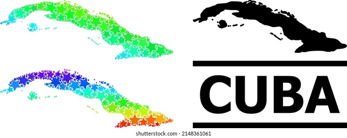 Spectrum gradient starred mosaic map of Cuba. Vector colored map of Cuba with spectrum gradients. Mosaic map of Cuba collage is formed with random colored star elements.