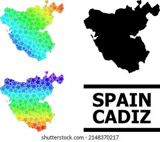 Spectrum gradient starred mosaic map of Cadiz Province. Vector colorful map of Cadiz Province with spectrum gradients.
