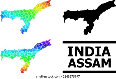 Gradiente de espectro estelado mapa de mosaico del estado de Assam. Mapa vibrante vectorial del estado de Assam con gradientes de espectro. El mapa mosaico del collage del estado de Assam está diseñado con partes estelares coloridas al azar.
