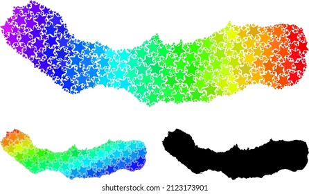 Spectrum gradient stars mosaic map of Sao Miguel Island. Vector colored map of Sao Miguel Island with spectrum gradients.