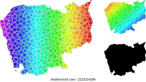 Spectrum gradient stars mosaic map of Cambodia. Vector colored map of Cambodia with spectrum gradients. Mosaic map of Cambodia collage is done of random colored star elements.