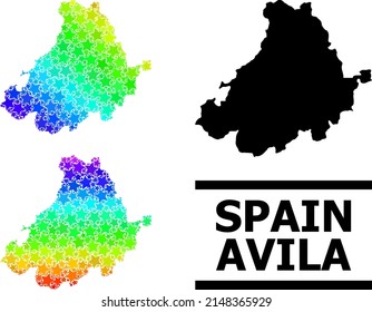 Spectrum gradient stars mosaic map of Avila Province. Vector vibrant map of Avila Province with spectrum gradients. Mosaic map of Avila Province collage is formed with random colored star elements.