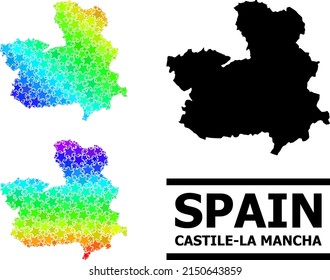 Spectrum gradient stars mosaic map of Castile-La Mancha Province. Vector colored map of Castile-La Mancha Province with spectrum gradients.