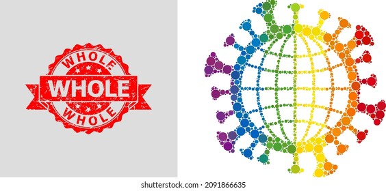 Spectrum gradient vibrant dot circle pattern collage global coronavirus, and Whole corroded stamp seal. Red stamp seal includes Whole title inside ribbon.
