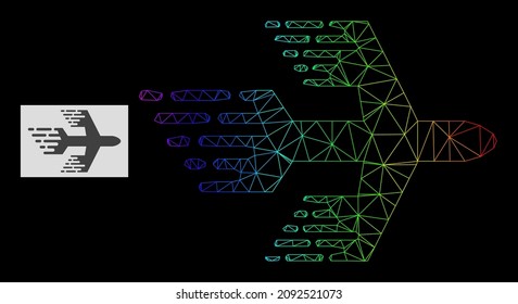 Spectrum gradiented mesh airplane icon. Geometric carcass flat network is based on airplane icon, generated with triangle mesh carcass, with spectrum gradient.