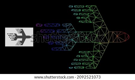 Spectrum gradiented mesh airplane icon. Geometric carcass flat network is based on airplane icon, generated with triangle mesh carcass, with spectrum gradient.