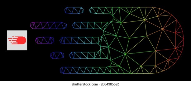 Spectrum gradiented mesh electron flight icon. Geometric carcass 2D network based on electron flight icon, generated with polygonal mesh network, with spectrum gradient.