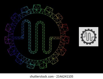 Icono de cog de servicio de tubería de malla con gradiente de espectro. Red 2D de canal geométrica basada en el icono de cog de servicio de tubería, generado con red de malla triangular, con gradiente de espectro.