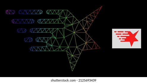 Spectrum gradiented mesh star icon. Geometric carcass 2D net based on star icon, generated with triangular mesh carcass, with spectrum gradient.