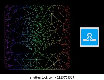 Spectrum gradiented mesh wedding swans icon. Geometric carcass flat net is based on wedding swans icon, generated with polygonal mesh net, with spectral gradient.