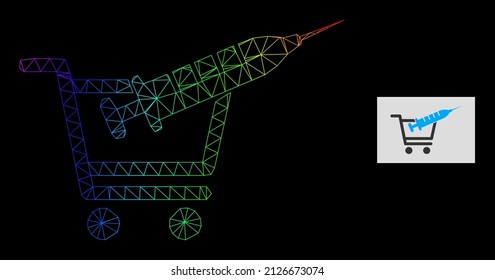 Icono de la compra de vacunas de red con degradado de espectro. Red de marco geométrico 2D basada en icono de compra de vacunas, generada con red de malla triangular, con gradiente de espectro.