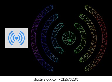 Spectrum gradiented network Wi-Fi signal icon. Geometric frame 2D network based on Wi-Fi signal icon, generated with triangular mesh network, with spectrum gradient.
