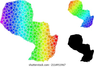 Spectrum gradiented star collage map of Paraguay. Vector colored map of Paraguay with spectrum gradients. Mosaic map of Paraguay collage is created of randomized colored star elements.
