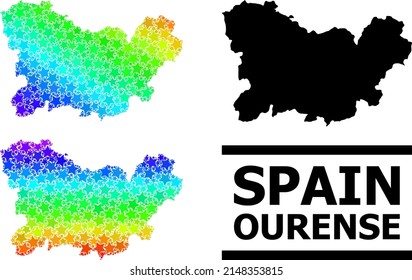Spectrum gradiented star collage map of Ourense Province. Vector colorful map of Ourense Province with rainbow gradients.