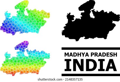 Spectrum gradiented star collage map of Madhya Pradesh State. Vector colorful map of Madhya Pradesh State with spectrum gradients.