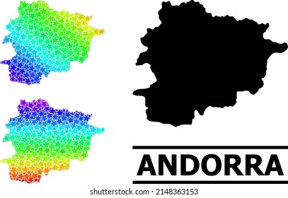 Mapa del collage de estrellas con rallado espectro de Andorra. Mapa de Andorra de color vectorial con gradientes espectrales. El mapa mosaico del collage de Andorra está compuesto por elementos estrella de color caótico.