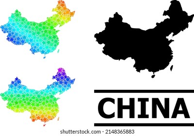 Spectrum gradiented star collage map of China. Vector colored map of China with spectral gradients. Mosaic map of China collage is made with random colored star elements.