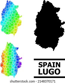 Spectrum gradiented star collage map of Lugo Province. Vector vibrant map of Lugo Province with spectrum gradients. Mosaic map of Lugo Province collage is composed with scattered colored star parts.
