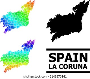 Spectrum gradiented star collage map of La Coruna Province. Vector colorful map of La Coruna Province with spectrum gradients.