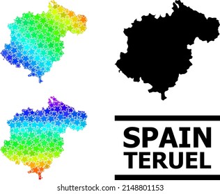Spectrum gradiented star collage map of Teruel Province. Vector vibrant map of Teruel Province with spectrum gradients.