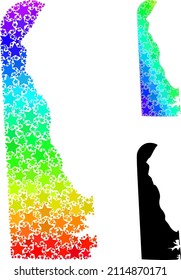 Spectrum gradiented star mosaic map of Delaware State. Vector colorful map of Delaware State with spectrum gradients. Mosaic map of Delaware State collage is made with chaotic colored star elements.