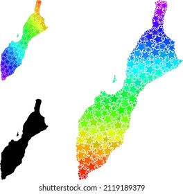 Spectrum gradiented star mosaic map of Masirah Island. Vector vibrant map of Masirah Island with spectrum gradients. Mosaic map of Masirah Island collage is created with random colorful star items.