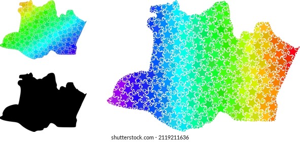 Spectrum gradiented star mosaic map of Amazonas State. Vector vibrant map of Amazonas State with spectrum gradients. Mosaic map of Amazonas State collage is designed with random color star elements.